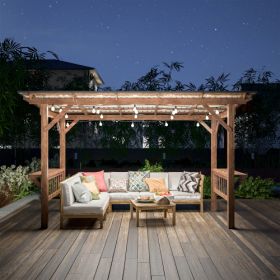 13' x 6.5' Wooden Pergola Grill Gazebo with Metal Roof & Bulbs & Bar Counters (Color: Brown)