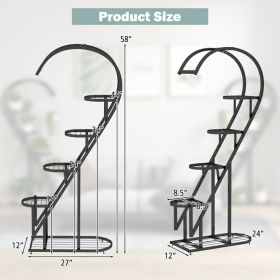 5 Tier Metal Plant Stand with Hanging Hook for Multiple Plants (Color: Black)